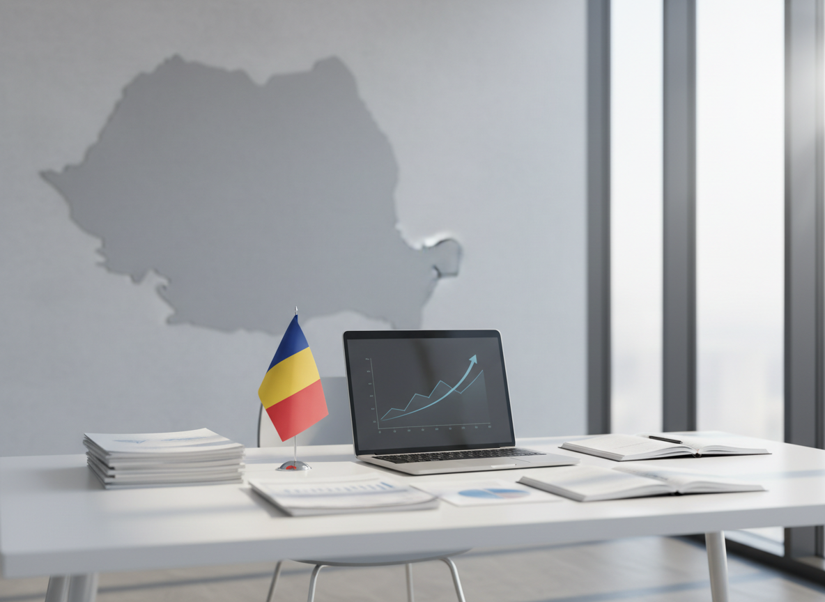 A sleek, modern financial consulting workspace without any people, featuring a large matte white desk with neatly arranged documents, a slim silver laptop, and a minimalist graph showing an upward trend on the screen. Around the desk are subtle hints of Romanian context, like a small desk flag in red, yellow, and blue and a wall map outline of Romania in soft gray tones. Natural daylight streams through a large window, illuminating the scene with clear, even light and casting gentle shadows. Shot at eye level in photographic realism, with a clean, professional composition and shallow depth of field that keeps the focus on the symbols of financial planning, organization, and growth.