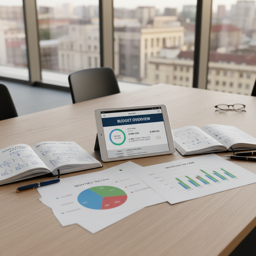 A detailed close-up of a financial planning session represented entirely by objects: two open notebooks with neatly written diagrams, several color-coded pie charts and bar graphs printed on high-quality paper, and a tablet displaying a clear budget breakdown and savings goals. The materials rest on a light oak conference table in a sophisticated office with glass walls and a blurred cityscape of a Romanian city beyond. Soft, diffused afternoon light from floor-to-ceiling windows creates a calm, focused atmosphere. Photographic realism with a slightly elevated angle and sharp focus throughout emphasizes clarity, structure, and the idea of giving direction to money without showing any people.