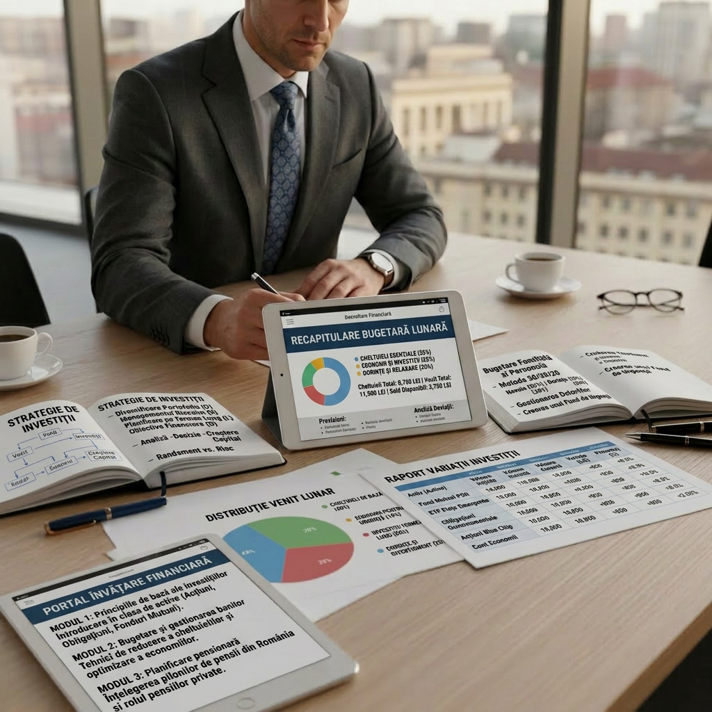 A detailed close-up of a financial planning session represented entirely by objects: two open notebooks with neatly written diagrams, several color-coded pie charts and bar graphs printed on high-quality paper, and a tablet displaying a clear budget breakdown and savings goals. The materials rest on a light oak conference table in a sophisticated office with glass walls and a blurred cityscape of a Romanian city beyond. Soft, diffused afternoon light from floor-to-ceiling windows creates a calm, focused atmosphere. Photographic realism with a slightly elevated angle and sharp focus throughout emphasizes clarity, structure, and the idea of giving direction to money without showing any people.